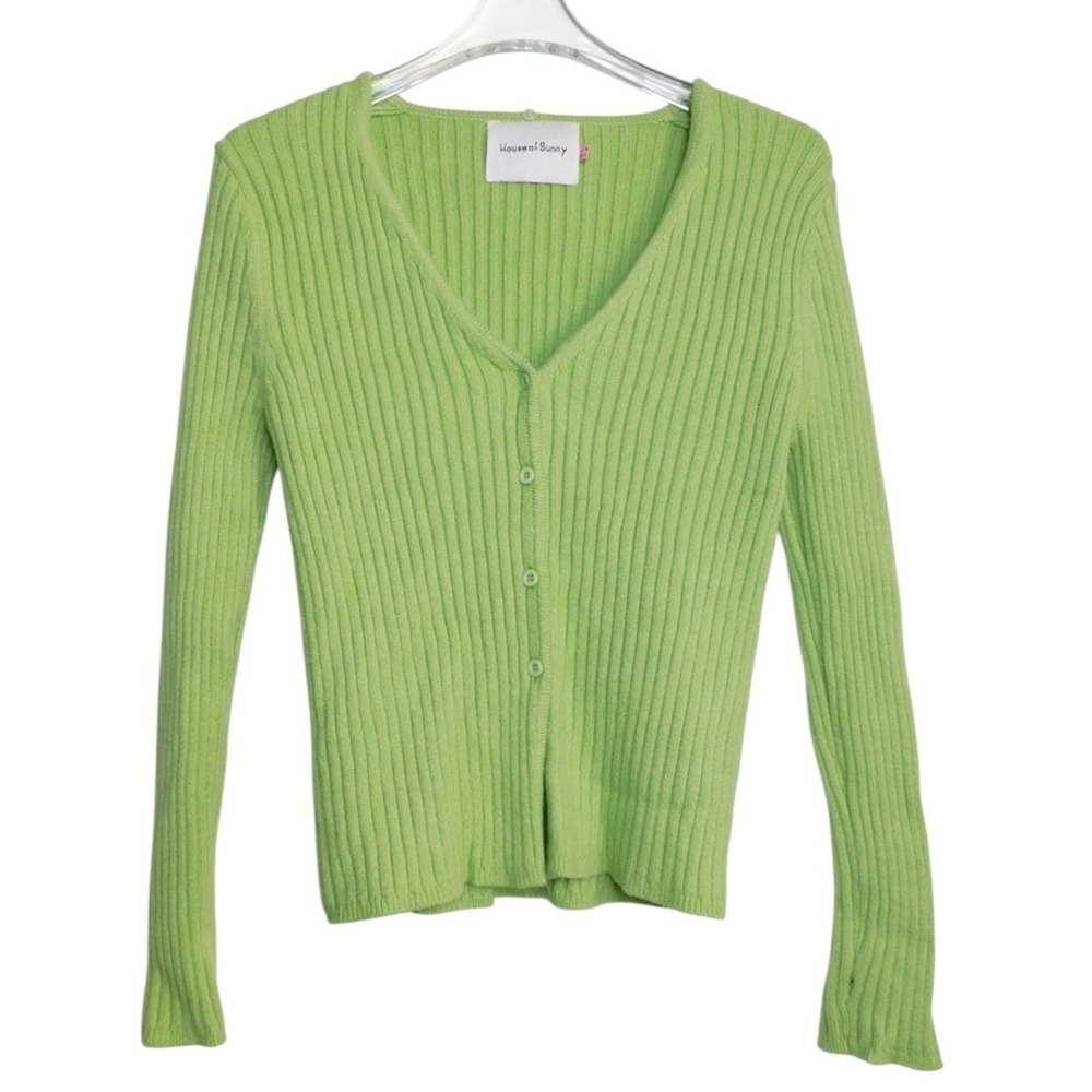House of Sunny VOL16 Lime Green Ribbed Cardigan Womens US 4 V Neck Button Up